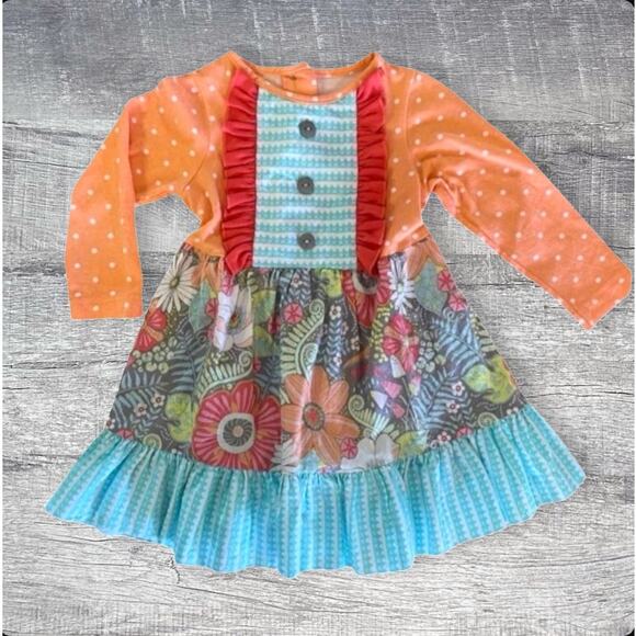 Ricrac & Ruffles Mixed Pattern Long Sleeve Cotton Dress 2T Tiered Twirling Skirt - Picture 1 of 8